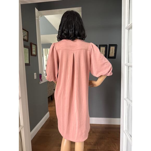 For Cynthia puff sleeved v neck high low soft pink knee length dress small - Picture 3 of 10